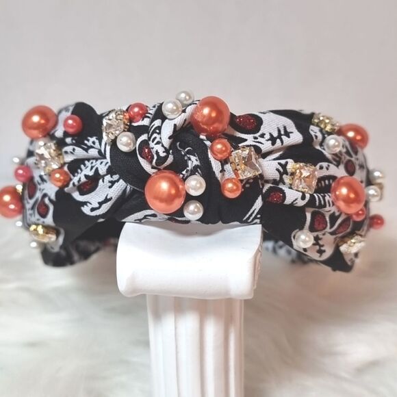 RED EYED SKULL JEWELED FABRIC HEADBAND halloween Gothic - Picture 2 of 7